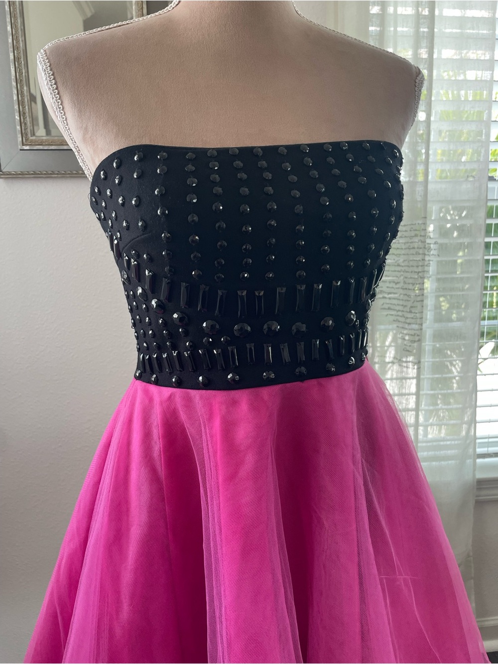 Jump Apparel Strapless Black & Hot Pink Beaded Fit-and-Flare Dress, Size 7/8